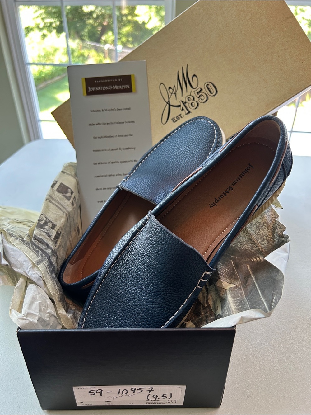 Johnston & Murphy Navy Leather Slip-On Moccasins with Tan Accents - Picture 8 of 9